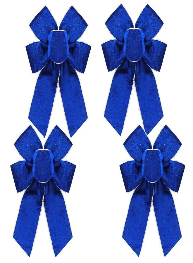 Ftuuo 4pcs Christmas Wreath Bows, Blue Velvet Bow for Wreath Sliver Edged Xmas Crafts Decorative Ornament Bow for Indoor Outdoor Christmas Wedding Holiday Party Decorations - Image 1